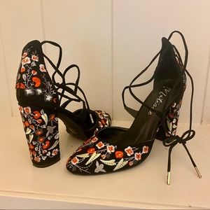 Matisse embroidered tie-ankle heels